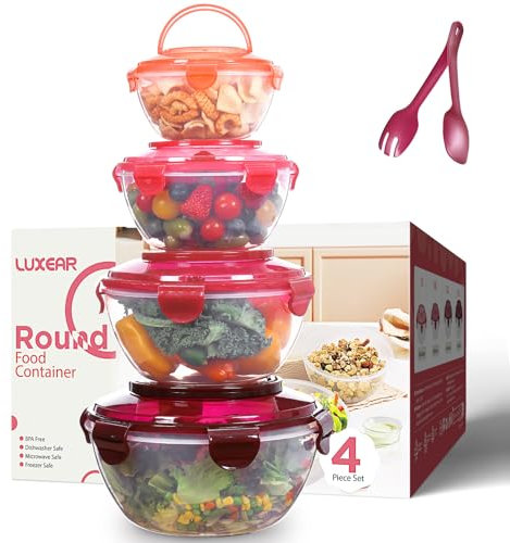 Luxear Set of 4 PP Plastic Mixing/Salad Bowls with Snap Lock Leakproof Lids, Spoon and Fork- Reusable and Easy Portability Nestable Bowls for Kitchen Storage, Dishwasher & Microwave Safe, Red