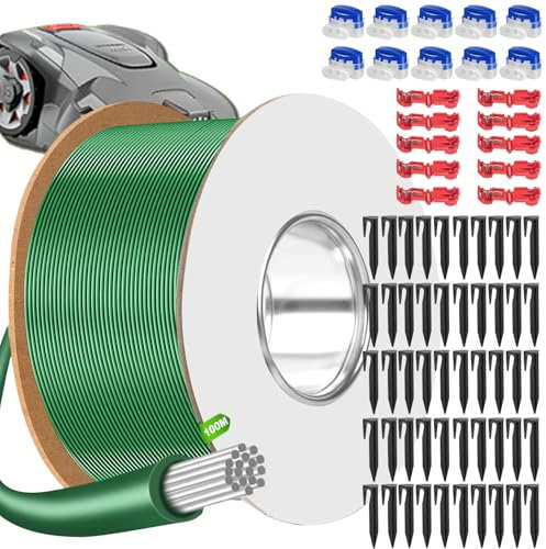 Cable Robot Tondeuse 100M + 50 Piquets + 10 Connecteurs de Câble + 10 Bornes de Connexion, Fil pour Robot Tondeuse, Câble pour Robots Tondeuses Compatible avec Gardena/Bosch/Worx/Yard Force etc