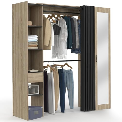 IDMarket - Dressing Extensible Double Meryl 145/170 x 50 x 180 cm | Coloris hêtre et noir, avec double penderie + 8 étagères + 1 tiroir + 1 porte miroir + rideau gris