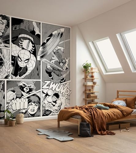 Komar Marvel Papier peint en vinyle - Panneau de bande dessinée classique - Monochrome - Dimensions : 212 x 250 cm - 1 rouleau de 4 bandes - Pour chambre d'enfant - Motif super-héros
