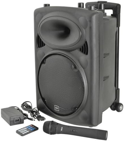 QTX | QRPA 8 Portable PA Speaker System with Bluetooth, TWS Stereo, UHF Wireless Microphone, USB/SD/FM Media Player, Rechargeable Battery, Trolley, Compact Wireless Amplifier for Events & Parties