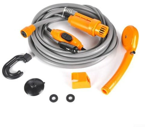 Bomba de ducha para exteriores con cable de 5 m para acampar con manguera de 2 m y fácil instalación (amarillo)