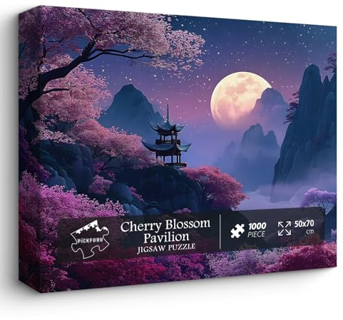 PICKFORU Cherry Blossom Puzzles for Adults 1000 Pieces, Purple Nature Scene Jigsaw Puzzle Moon Pavilion, Unique Impossible Mountain Scenic Floral Theme for Home Wall Decor