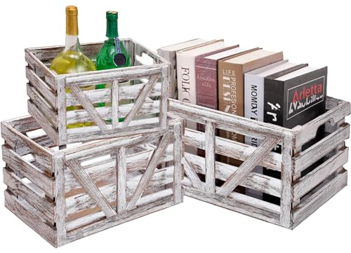 3 Pack Wooden Crates for Storage Farmhouse Nested Storage Crate-Whitewashed