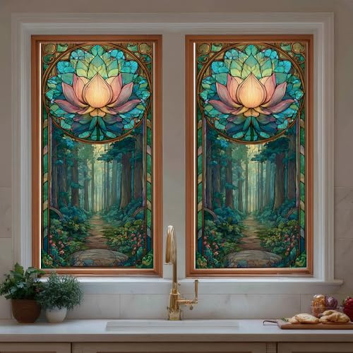 Window Film 17.32 x 39.37 Inch Stained Glass Style Decorative Glass Sticker with Lotus Flower Forest Path Art Design Privacy Window Cling Removable Reusable Decoration for Home Office Bedroom