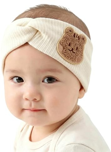 Fascia Capelli Neonata Beige con Scoiattolo, Fascia Neonata Elastica e Morbida, Cerchietto Neonato Incrociato, Accessori Capelli Bambina per Battesimo e Servizio Fotografico, 1 Pezzo