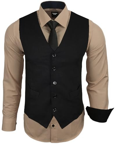 Subliminal Mode Camicia a Maniche Lunghe da Uomo + Gilet + Cravatta | Vestibilità Classica | Comoda e Facile da Lavare | Ideale per l'Ufficio e le Uscite Informali RN33 Beige M