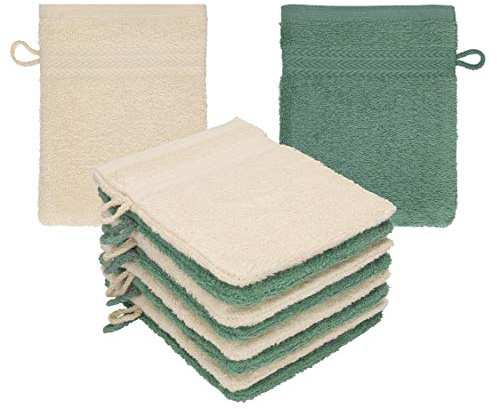 Betz paket med 10 tvättvantar premium 100 % bomull 16 x 21 cm sand - grangrön