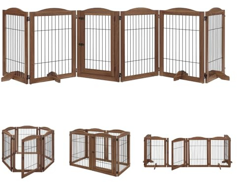 unipaws Pet Playpen with Wood and Wire, 6 Panels Extra Wide Freestanding Walk Through Dog Gate with 4 Support Feet, Foldable Stairs Barrier Pet Exercise Pen for Dogs Cats