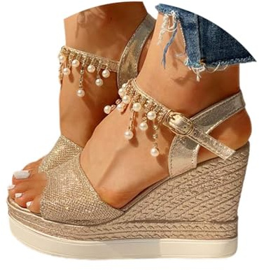 Minetom Sandale Femme Talon Compensé Chunky Chaussure Sandale Plateforme Cheville Perle Strass Talon Plateforme Sandales