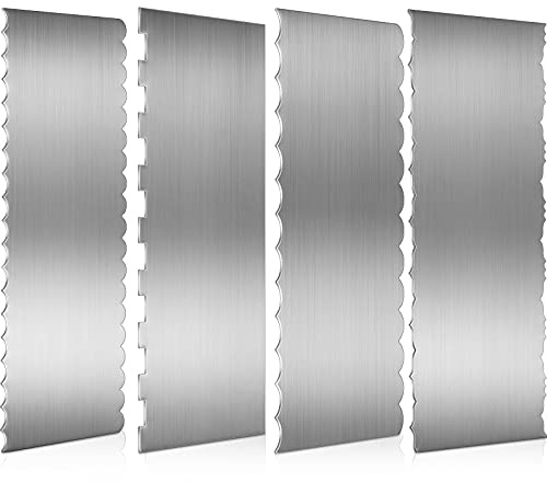 Geiserailie 4 Pieces Stainless Steel Cake Scraper Smoother Large Double Sided Patterned Edge Stripe 9 Inch Metal Cake Decorating Comb for Icing Mousse Butter Cream Decoration, 4 Styles