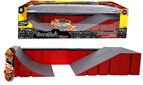 TROTTIFUN - Finger Skate y una Doble Rampa - 031438 - Metal y Plástico - Skateboard - Dedo - Juguete Infantil - Cumpleaños - Regalo - Coleccionable - Tabla de Skate - A Partir de 3 años