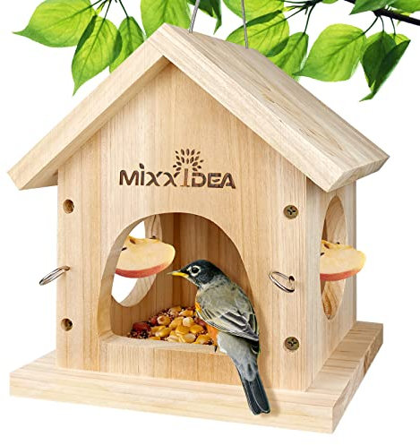 MIXXIDEA Vogelfutterspender aus Holz, multifunktionale Vogelfutterstation, hängend, Zedernholz, Wildvogel-Futterstation, leicht zu reinigen und zu befüllen, Holzfarbe