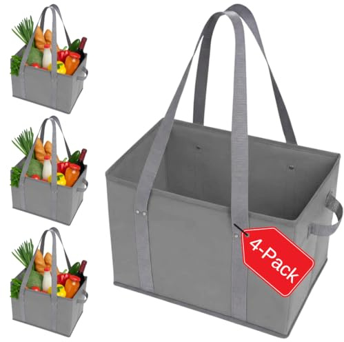 BAG-THAT! 4pk Reusable Grocery Bags Shopping Bags Tote Box Large Heavy Duty Groceries Bag Handles Foldable Reinforced Bottom (Gray)