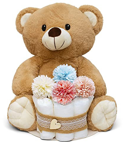 MilaBoo® Kleine Vintage Windeltorte Neutral mit großem Teddybär I Liebevolles Geschenk zur Geburt I Handgemachte Babyparty Geschenk