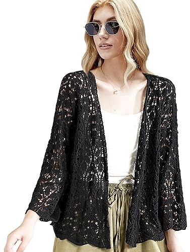 Cárdigan de encaje para mujer, diseño de hojas, crochet, transparente, para playa, kimono largo con medias mangas, Negro -, Talla única