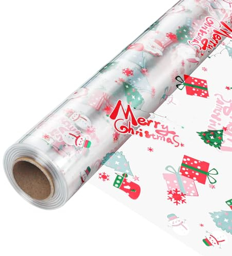 Rollo de Papel Regalo Transparente Navideño 45cm x 30m, Papel Celofán Resistente de 3 Mil con Diseño de Muñecos y Motivos Festivos para Fiestas