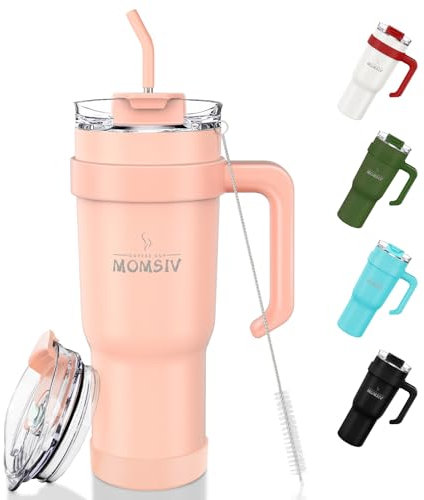 MOMSIV 40 oz termosmugg med sugrör och handtag, 1100 ml kaffekopp, dubbelväggig rostfritt stål vakuum läckagesäker isoleringskopp bilmugg med lock för kalla varma drycker, rosa