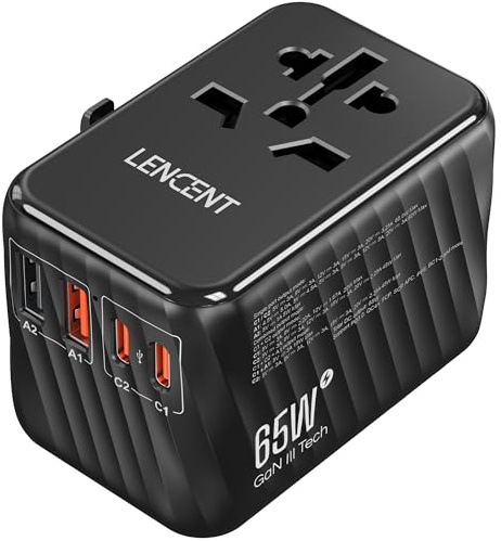 LENCENT GaN3 65W Adattatore da Viaggio Universale, Adattatore Presa USB Ricarica Veloce con 2 PD3.0 per Telefoni, PC, Tablet, Presa Internazionale a EU UK USA AUS da Viaggio, Spina Tipo A G C I