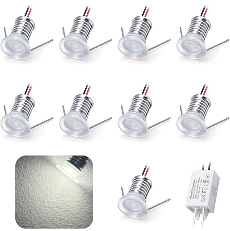 kpslucerna 9 uds Mini Foco LED 12V 1W, IP65 Impermeable RGB Small Spot Lights Empotrable, 15mm Downlight Spotlight Para Vitrinas Cuadros Pared Techo Escaleras Muebles Pasillos (Blanco Frío)