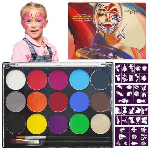 Kinderschminke Set 15 Farben Schminkfarben Face Kinderschminken Schminkfarben Gesichtsfarbe Set Körperfarbe Kinder mit 2 Pinsel 40 Tattoos schminke für Karneval Fasching Makeup