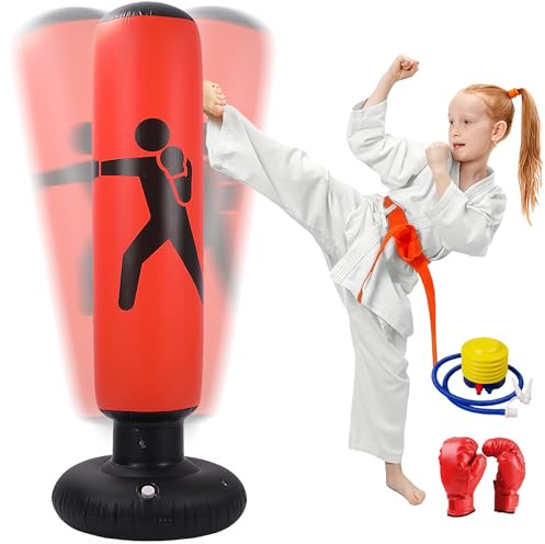 Oziral Saco de Boxeo Inflable para Niños, Saco de Boxeo de 160 cm, De pie, con Bomba de Aire y Guantes de Boxeo para Karate, Kickboxing, Equipo de Entrenamiento, Regalo