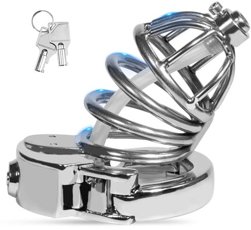 Edelstahl Chastity Cage Verstellbarer Belüftete Keuschheitsgürtel für Herren Keuschheitskäfig Klein mit Verdecktem One-Touch-Verschluss Sklaven Penis Bondage SM Sex Spielzeug für Männer (ZC-068)