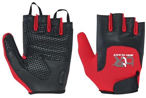 BTR BORN TO RACE Kids Children Boys Girls Wheelchair Gloves Mobility Disability Fingerless Long Thumb Leather Palm Cycling Gloves (Black/Red, 9-10)