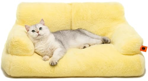 MEWOOFUN Kattbädd fluffig och mjuk kattsoffa hundsoffa, liten hundbädd för stora katter och kattungar – 66 x 48 cm söt kattsäng soffa med halkfri botten, gul
