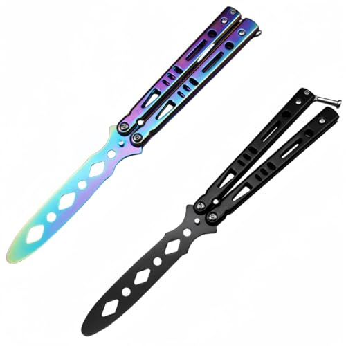 Lajiakoy® Couteau Papillon 2 PCS, Butterfly Trainer Lame de Sécurité, Couteau Papillon Entraînement Acier Inoxydable, Adapté Aux Débutants (Noir,Couleur) (Noir+Couleur)