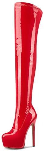 NobleOnly Femmes Haut High Aiguille Talon Heel Rond Bout Plate-forme au-dessus du Genou Bottes Fermeture à Glissière Danse Party Bottes 15 CM Heels Rouge 42 EU