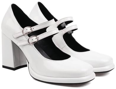 ENWIND Mujer Punta Cuadrada Zapatos Mary Jane Charol Correa De Tobillo Plataforma Bombas Tacón Ancho Zapatos de Trabajo,Blanca,41 EU