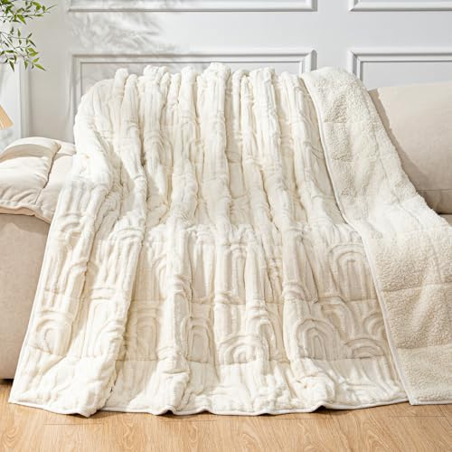 Cottonblue Weighted Blanket for Adults Queen Size 15 lbs, Soft Fluffy Sherpa Fleece Jacquard Weighted Blankets Throw 60 x 80 for Sleep Relax, Fuzzy Warm Arch Heavy Blanket for Bed Couch, Cream White