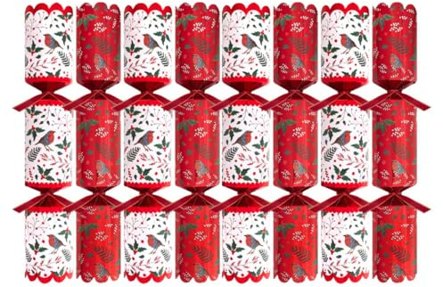 Pack of 8 Premium White Red Robin Holly Christmas Crackers - 12.5 Metallic Festive Xmas Holiday Dinner Table Decorations - Novelty Fun Prizes Gifts Contains Hats Jokes