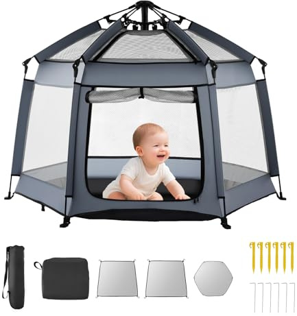 VEVOR Parque Infantil Plegable con Dosel, Interiores y Exteriores, para Bebés y Niños Pequeños con Parasoles UPF 50+ y Bolsa de Viaje para Casa, Parque, Playa, y Ligero, 1500 x 1500 x 1060 mm