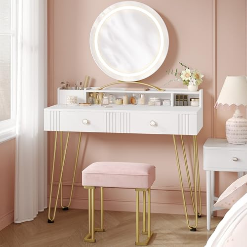 Hzuaneri Coiffeuse avec Tabouret et éclairage, Coiffeuse avec Miroir, 40 x 90 x 140 cm, Dressing Table avec Tiroirs, Chambre, Moderne,Blanc Mat et Doré DT42403XEU