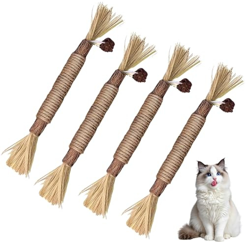 DCYQAIN 4 Pack Natural Silvervine Cat Chew Sticks, Catnip & Gall Fruit Interactive Cat Toys, Dental Care Teeth Cleaning Sticks for Indoor Cats, Stress Relief & Kitten Teething Chew Toys