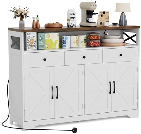 BonVache Sideboards Cabinet with Power Outlets,Wooden Storage Sideboard with Adjustable Shelf,3 Drawers and Open Shelf,Buffet Cupboard for Living Room,Kitchen,Hallway, Dining Room,Pure White