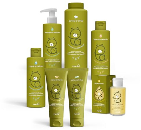 Mamila Set Completo per la Cura del Bambino, 7 Prodotti Essenziali MamiHug, Include Shampoo, Bagnetto, Detergente, Pasta Protettiva, Crema Idratante, Polvere d'Amido, Olio Emolliente