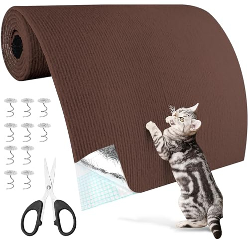 Självhäftande klösmatta katt 200 cm x 40 cm, klösmatta katter, klösskydd soffa, klösvägg för kattstativ, trähandtag, möbler, vägg, trimbar, gör-det-själv (mörkbrun, 200 cm x 40 cm)