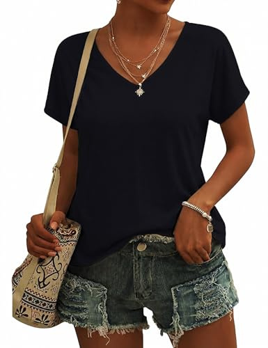 Jahetuul T-Shirt Femme Manches Courtes Col V Coupe Ample Uni | Manches courtes, col v, coupe ample, épaules tombantes pour une tenue facile à porter au quotidien et pendant les loisirs.