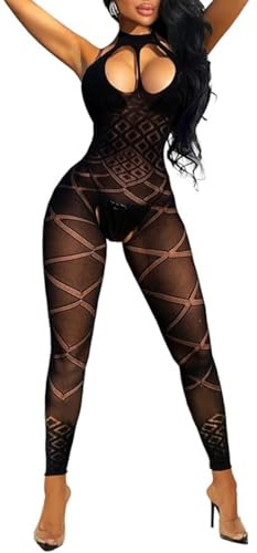 Women’s Fishnet Bodystocking Halter Bodysuit Hollow Out Lingerie Babydoll | Sexy Backless Teddy, Sheer Mesh Jumpsuit, Sleeveless Sleepwear, Stretchy One Piece Tights, See Through Catsuit Body Stocking