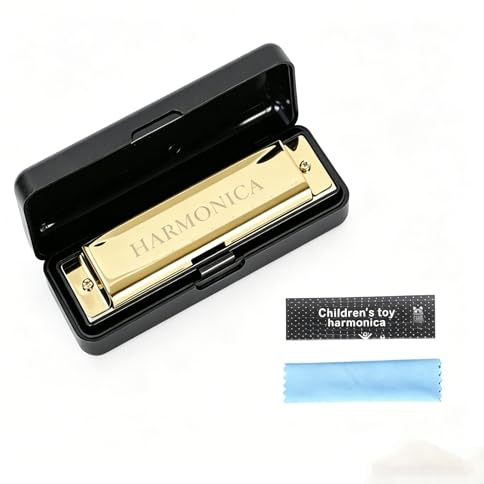GLAITC Harmonica Gold 10 Hole 20-Tone Harmonica Key Of C Diatonic Mouth Organ With Cleaning Cloth, Case & Instructions Portable Musical Instrument Gift For Beginners Adult Students Kids Music Lovers