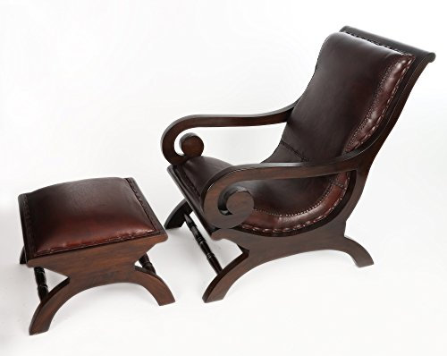 antyki24 Eleganter Ledersessel Wohnzimmer mit Ottomanen, Relaxsessel mit Liegefunktion, Sessel mit Hocker, Solider Holzrahmen, Gepolsterter Sitz, Ergonomische Rückenlehne, Dunkelbraun