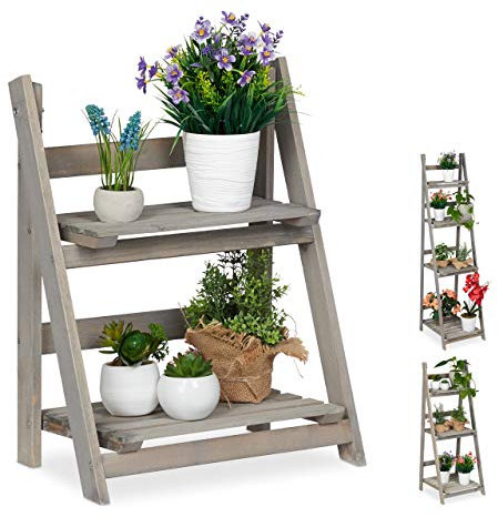 Relaxdays Blumentreppe, 2-stufig, Blumenleiter Holz, klappbar, Leiterregal für Pflanzen, HBT: 51,5 x 41 x 24 cm, grau