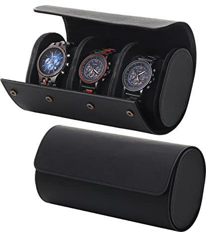 Emibele Watch Roll Travel Case, 3 Slot PU Leather Watch Case for Men and Women, Watches Collection with Removable Pillows & Solid Dividers for Home Storage, Travel and Display, Black