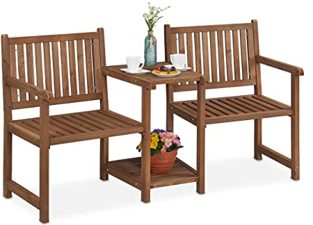 Relaxdays Banco Jardín con Mesa Integrada, 2 Plazas, Asiento Exterior Madera, Balcón y Terraza, 86x161x61 cm, Marrón