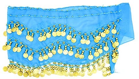 Skyzone Bauchtanzgürtel, Bauchtanz-Hüftschals mit 128 Münzen Blauer Tanzkostüme Bauchtänzerin Rock