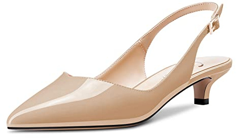 Castamere Donna Basso Gattini Tacco Heel a Punta Slingback Pumps Cute Dress Ufficio Sandali Sexy 3.5 CM Heels Beige Verniciata 40 EU
