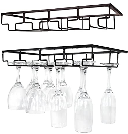AMUFYSHH 4 Rows Wine Glass Rack Under Cabinet Hanging Stemware Wine Glass Holder Under Shelf, 2 Packs Wire Wine Glasses Racks Hanger for Bar, Kitchen